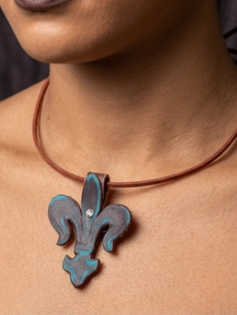 Handmade Genuine Leather Hand Painted Fleur-de-Lis Necklace Crystal Rivet Accent